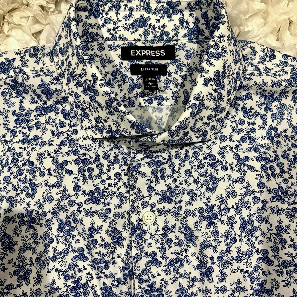 Express Men’s White Button-Down Shirt with Blue Floral Print - Large